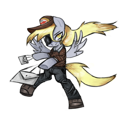 Size: 1200x1200 | Tagged: safe, artist:menalia, imported from derpibooru, derpy hooves, pegasus, pony, cap, clothes, danganronpa, eyepatch, hat, letter, mail, pants, shoes, simple background, solo, sweater, white background