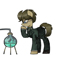 Size: 1200x1200 | Tagged: safe, artist:menalia, imported from derpibooru, doctor whooves, time turner, earth pony, pony, clothes, danganronpa, glasses, pants, shirt, shoes, simple background, solo, suit, thinking, white background