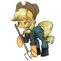 Size: 1200x1200 | Tagged: safe, artist:menalia, imported from derpibooru, applejack, earth pony, pony, boots, clothes, cowboy hat, danganronpa, farmer, hat, overalls, pants, pitchfork, shirt, shoes, simple background, solo, white background