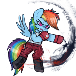 Size: 1200x1200 | Tagged: safe, artist:menalia, imported from derpibooru, rainbow dash, pegasus, pony, angry, boxing gloves, boxing shoes, clothes, danganronpa, pants, shoes, simple background, solo, white background