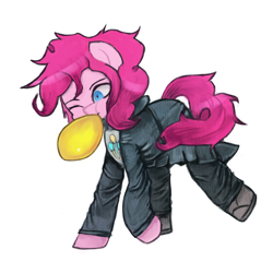Size: 1200x1200 | Tagged: safe, artist:menalia, imported from derpibooru, pinkie pie, earth pony, pony, balloon, blowing up balloons, clothes, danganronpa, hoodie, one eye closed, pants, shoes, simple background, solo, white background