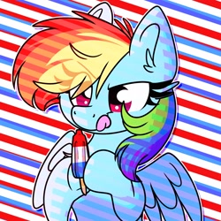 Size: 2160x2160 | Tagged: safe, artist:lbrcloud, imported from derpibooru, rainbow dash, pegasus, pony, abstract background, bomb pop, bust, eye clipping through hair, female, food, ice cream, mare, popsicle, portrait, solo, striped background, tongue out