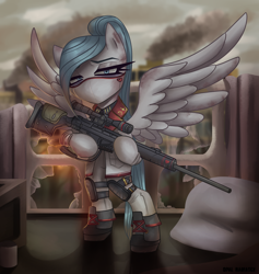 Size: 2304x2432 | Tagged: safe, artist:opal_radiance, imported from derpibooru, oc, oc:opal rosamond, pegasus, pony, equestria at war mod, apocalypse, bipedal, blue, fallout, female, gun, pax solaris, post war, safezone, sniper, solo, weapon