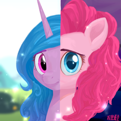 Size: 1080x1080 | Tagged: safe, artist:rily, imported from derpibooru, izzy moonbow, pinkie pie, earth pony, pony, unicorn, chinese, day, g4, g4 to g5, g5, generation leap, laughing, night, smiling, stars, the new pinkie pie