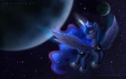 Size: 1967x1243 | Tagged: safe, artist:carencake, imported from derpibooru, princess luna, alicorn, pony, eyes closed, female, mare, moon, motion blur, no mouth, planet, solo, space, spread wings, wings