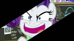 Size: 1280x720 | Tagged: safe, imported from derpibooru, screencap, rarity, pony, unicorn, season 9, sparkle's seven, spoiler:s09, close-up, evil grin, grin, open mouth, shrunken pupils, smiling, solo