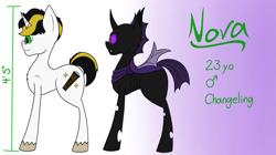 Size: 1203x675 | Tagged: safe, imported from derpibooru, oc, oc:nova starchaser, changeling, disguise, disguised changeling, male, purple changeling, reference sheet, stallion