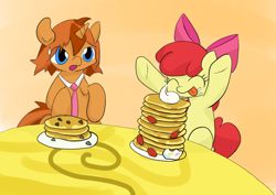 Size: 842x595 | Tagged: safe, artist:up_p_ab, imported from derpibooru, apple bloom, oc, oc:eel, earth pony, pony, unicorn, :p, adorabloom, cute, female, filly, foal, food, happy, herbivore, male, necktie, pancakes, stallion, strawberry, table, tongue out, whipped cream