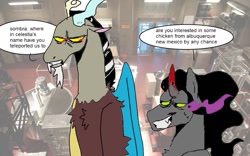 Size: 1019x636 | Tagged: safe, artist:ghoulhowls, imported from derpibooru, discord, king sombra, draconequus, unicorn, breaking bad, dialogue, discord is not amused, drugs, grin, horn, laboratory, meth, smiling, teleportation, unamused