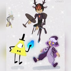 Size: 1080x1080 | Tagged: safe, imported from derpibooru, discord, demon, draconequus, human, robot, spoiler:amphibia, spoiler:the owl house, amphibia, armor, bill cipher, blue fire, bowtie, chaos, cloak, clothes, collector (race), crossover, darcy (amphibia), digital art, fire, floating, gravity falls, grin, hat, horn, horns, humanoid, male, marcy wu, signature, similarities, sitting, smiling, spoilers for another series, table, the collector, the core (amphibia), the owl house, top hat, triangle