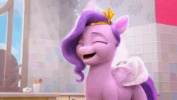 Size: 520x293 | Tagged: safe, imported from derpibooru, screencap, pipp petals, pegasus, pony, spoiler:my little pony: make your mark, adorapipp, animated, crown, cupcake, cute, eating, female, folded wings, food, g5, gif, happy, jewelry, mare, my little pony: make your mark, my little pony: make your mark chapter 1, open mouth, regalia, wings