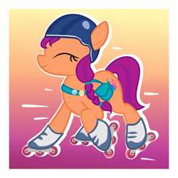 Size: 2000x2000 | Tagged: safe, artist:candy meow, imported from derpibooru, sunny starscout, earth pony, pony, bag, cute, female, g4, g5, g5 to g4, generation leap, happy, helmet, high res, mare, pins, roller skates, saddle bag, solo, sunnybetes