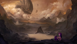 Size: 2000x1146 | Tagged: safe, artist:ajvl, imported from derpibooru, twilight sparkle, pony, unicorn, detailed, fanfic art, female, mare, monster, mountain, mountain range, scenery, unicorn twilight