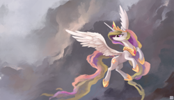 Size: 3910x2260 | Tagged: safe, alternate version, artist:ajvl, imported from derpibooru, princess celestia, alicorn, pony, cloud, cloudy, crown, female, flying, frown, high res, hoof shoes, jewelry, lidded eyes, long mane, long tail, looking back, mare, peytral, princess shoes, regalia, sky, slim, solo, spread wings, tail, thin, tiara, wing fluff, wings