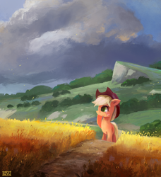 Size: 1550x1700 | Tagged: safe, artist:ajvl, imported from derpibooru, applejack, earth pony, pony, female, mare, scenery, smiling, solo