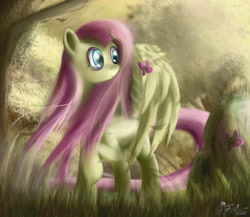 Size: 2250x1949 | Tagged: dead source, safe, alternate version, artist:ajvl, imported from derpibooru, fluttershy, butterfly, pegasus, pony, female, mare, solo, tree