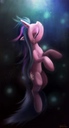 Size: 758x1400 | Tagged: safe, alternate version, artist:ajvl, imported from derpibooru, twilight sparkle, pony, unicorn, bubble, crepuscular rays, crying, eyes closed, female, flowing mane, flowing tail, horn, looking up, mare, ocean, solo, sunlight, tail, underwater, water