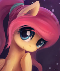 Size: 1350x1600 | Tagged: safe, alternate version, artist:ajvl, imported from derpibooru, fluttershy, pegasus, pony, alternate hairstyle, cute, female, ponytail, shyabetes, solo