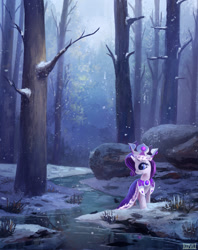 Size: 1500x1891 | Tagged: safe, alternate version, artist:ajvl, imported from derpibooru, princess platinum, rarity, pony, unicorn, 2014, cloak, clothes, crown, female, forest, jewelry, mare, regalia, river, scenery, scenery porn, smiling, snow, snowfall, solo, tree, water