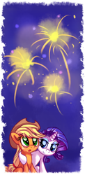 Size: 818x1682 | Tagged: safe, artist:ajvl, imported from derpibooru, applejack, rarity, female, fireworks, happy new year, holiday, lesbian, rarijack, shipping, style emulation