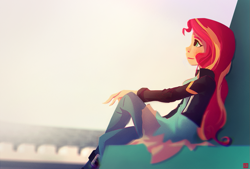 Size: 973x657 | Tagged: safe, alternate version, artist:ajvl, imported from derpibooru, sunset shimmer, human, equestria girls, my past is not today, rainbow rocks, female, humanized, profile, sitting, solo