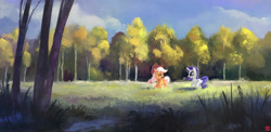 Size: 2053x1000 | Tagged: safe, alternate version, artist:ajvl, imported from derpibooru, applejack, rarity, female, forest, lesbian, rarijack, scenery, shipping, tree