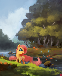 Size: 1500x1822 | Tagged: safe, alternate version, artist:ajvl, imported from derpibooru, fluttershy, butterfly, pegasus, pony, cloud, cute, female, grass, mare, open mouth, river, scenery, shyabetes, sky, solo, stream, tree, water