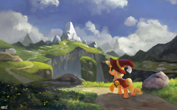 Size: 1686x1050 | Tagged: safe, alternate version, artist:ajvl, imported from derpibooru, applejack, smart cookie, hearth's warming eve (episode), clothes, costume, female, mountain, path, ravine, scenery, solo