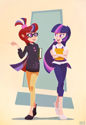 Size: 1400x2023 | Tagged: safe, alternate version, artist:ajvl, imported from derpibooru, moondancer, twilight sparkle, human, amending fences, book, clothes, duo, female, glasses, humanized, looking at each other, looking at someone, open mouth, pants, shirt, shoes, sweater