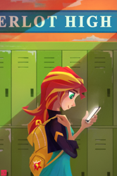 Size: 1155x1735 | Tagged: safe, alternate version, artist:ajvl, imported from derpibooru, sunset shimmer, equestria girls, backpack, cellphone, female, human coloration, lockers, phone, solo