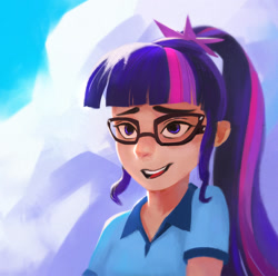 Size: 1500x1490 | Tagged: safe, artist:ajvl, imported from derpibooru, sci-twi, twilight sparkle, equestria girls, legend of everfree, clothes, female, glasses, human coloration, humanized, open mouth, ponytail, shirt, smiling, solo