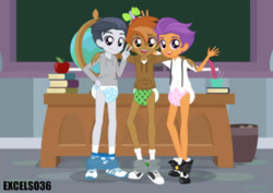 Size: 861x609 | Tagged: safe, artist:excelso36, imported from derpibooru, button mash, rumble, tender taps, human, equestria girls, abdl, apple, bare legs, classroom, clothe, clothes, converse, diaper, diaper fetish, equestria girls-ified, fetish, food, looking at you, male, non-baby in diaper, pants, pants down, poofy diaper, shoes, smiling, smiling at you, suspenders, underwear, waving