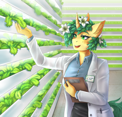 Size: 2280x2180 | Tagged: safe, artist:serodart, imported from derpibooru, oc, oc only, anthro, unicorn, clipboard, clothes, commission, flower, flower in hair, lab coat, plant, solo