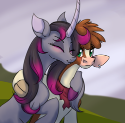 Size: 1224x1200 | Tagged: safe, artist:redahfuhrerking, imported from derpibooru, classical unicorn, cow, pony, unicorn, them's fightin' herds, ariander, arizona (tfh), cloven hooves, community related, ear piercing, eyes closed, female, hug, lesbian, oleander (tfh), piercing, shipping, smiling, unshorn fetlocks