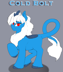 Size: 4000x4600 | Tagged: safe, artist:sketchy knight, imported from derpibooru, oc, oc only, oc:cold bolt, kirin, absurd resolution, eyebrows, gray background, kirin oc, lony, looking at you, male, raised hoof, red eyes, reference sheet, shadow, simple background, smiling, smiling at you, solo