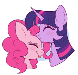 Size: 932x891 | Tagged: safe, artist:lulubell, imported from derpibooru, pinkie pie, twilight sparkle, alicorn, earth pony, pony, bust, cute, duo, eyes closed, female, forehead kiss, kissing, lesbian, mare, shipping, simple background, tongue out, twilight sparkle (alicorn), twinkie, white background