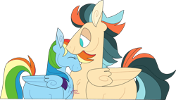 Size: 1186x674 | Tagged: safe, artist:fizzlefetlocks, imported from derpibooru, rainbow dash, oc, oc:turbo swifter, pegasus, pony, art trade, canon x oc, female, height difference, male, mare, shipping, simple background, stallion, straight, transparent background, turbodash