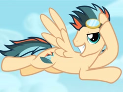 Size: 4096x3072 | Tagged: artist needed, source needed, safe, imported from derpibooru, oc, oc only, oc:turbo swifter, pegasus, pony, base used, cloud, flying, goggles, grin, high res, looking at you, male, pegasus oc, sky, sky background, smiling, smiling at you, solo, spread wings, stallion, teeth, wings