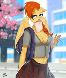 Size: 3284x3916 | Tagged: safe, artist:melkaya, imported from derpibooru, oc, oc only, oc:goldenflow, anthro, classical hippogriff, hippogriff, absolute cleavage, backpack, braid, breasts, cherry blossoms, cleavage, clothes, detailed background, female, flower, flower blossom, school uniform, schoolgirl, schoolgirl toast, skirt, solo, wings