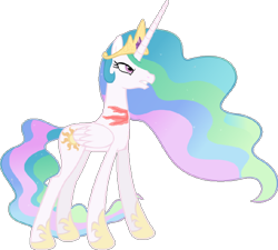 Size: 708x636 | Tagged: safe, artist:mihaaaa, edit, editor:wonderwolf51, imported from derpibooru, princess celestia, alicorn, pony, angry, crown, fanfic art, female, folded wings, full body, gritted teeth, hoof shoes, hooves, horn, injured, jewelry, low quality, mare, regalia, scar, simple background, solo, spoiler, standing, teeth, transparent background, wings