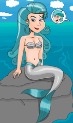 Size: 986x1643 | Tagged: safe, artist:ocean lover, imported from derpibooru, sandbar, swift foot, human, mermaid, bare shoulders, barely eqg related, belly button, bra, clothes, cloud, female, female focus, fins, fish tail, green hair, heart eyes, human coloration, humanized, in love, lidded eyes, lips, mermaid tail, mermaidized, mermay, midriff, ocean, open mouth, outdoors, pose, purple eyes, rock, seashell bra, sexy, shiny skin, sky, solo focus, species swap, tail, tail fin, teenager, water, wingding eyes