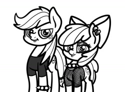 Size: 1472x1084 | Tagged: safe, artist:ewoudcponies, imported from derpibooru, apple bloom, applejack, earth pony, pony, clothes, collar, ear piercing, female, filly, foal, makeup, mare, nose piercing, piercing, shirt, siblings, sisters, spiked collar, t-shirt