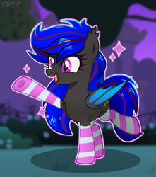 Size: 2392x2712 | Tagged: safe, artist:scarffist, imported from derpibooru, oc, oc only, oc:ebony rose, bat pony, pony, bat pony oc, bat wings, blurry background, bush, chest fluff, clothes, commission, commissioner:wolfgangrd, ear fluff, ear tufts, eyelashes, fangs, female, folded wings, freckles, full body, grass, high res, mare, night, open mouth, open smile, outline, raised hoof, raised leg, shadow, signature, slit pupils, smiling, socks, solo, sparkles, standing, standing on two hooves, striped socks, tree, wings