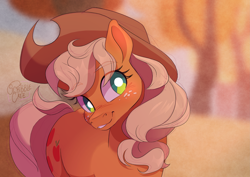 Size: 6921x4893 | Tagged: safe, artist:scribblecate, imported from derpibooru, applejack, earth pony, pony, absurd resolution, applejack's hat, blurry background, cowboy hat, cute, eye clipping through hair, eyebrows, eyebrows visible through hair, female, grin, hat, jackabetes, looking at you, mare, signature, smiling, smiling at you, solo