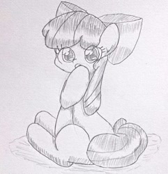 Size: 616x640 | Tagged: safe, artist:up_p_ab, imported from derpibooru, apple bloom, earth pony, pony, female, filly, foal, hoof on chin, sitting, sketch, solo, traditional art