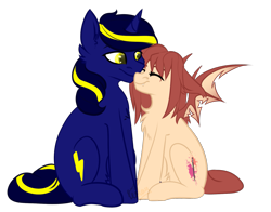 Size: 1709x1341 | Tagged: source needed, safe, artist:teelastrie, imported from derpibooru, oc, oc only, oc:airi, oc:vajr, bat pony, pony, unicorn, chest fluff, duo, female, male, nuzzling, oc x oc, shipping, simple background, straight, transparent background, vairi