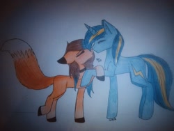 Size: 1080x810 | Tagged: source needed, safe, artist:teafox, imported from derpibooru, oc, oc only, oc:vajr, earth pony, pony, unicorn, duo, fox tail, oc x oc, shipping, tail, traditional art