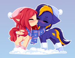 Size: 3343x2576 | Tagged: safe, artist:xsatanielx, imported from derpibooru, oc, oc only, oc:airi, oc:vajr, bat pony, pony, unicorn, clothes, commission, duo, eyes closed, female, hat, high res, kissing, male, oc x oc, scarf, shared clothing, shared scarf, shipping, simple background, snow, straight, vairi, ych result
