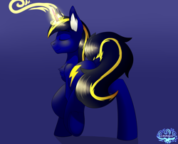 Size: 5244x4260 | Tagged: safe, artist:crash9902, imported from derpibooru, oc, oc only, oc:vajr, pony, unicorn, butt, chest fluff, ear fluff, glowing, glowing horn, horn, magic, male, plot, rear view, simple background, solo, stallion, strategically covered