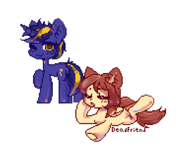 Size: 850x742 | Tagged: safe, artist:applemeela, artist:dead_friend, imported from derpibooru, oc, oc only, oc:airi, oc:vajr, bat pony, unicorn, base used, female, male, oc x oc, pixel art, shipping, simple background, straight, vairi, white background